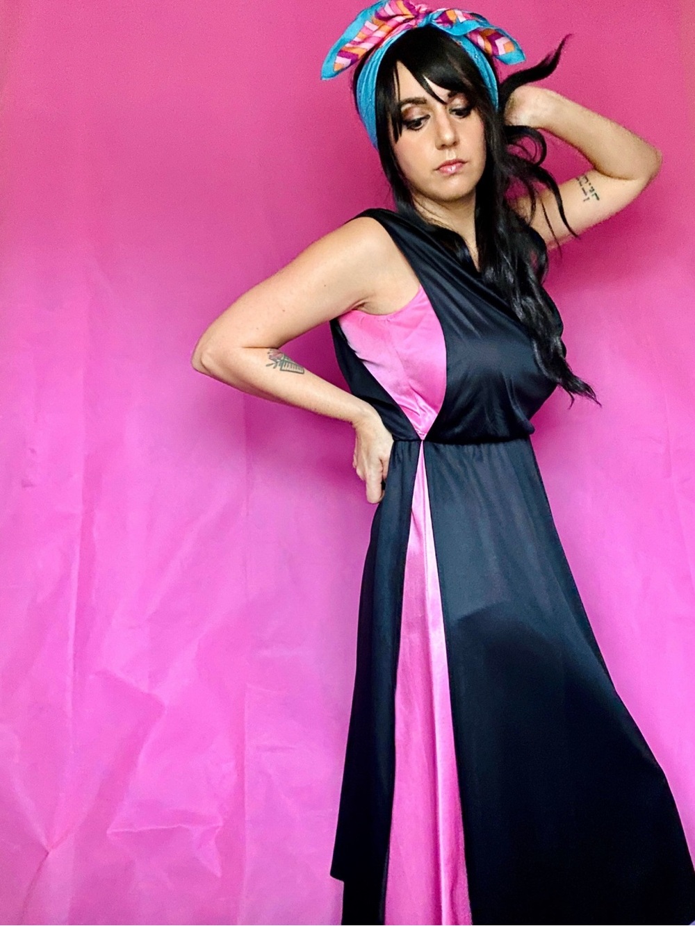 Vintage 70s Black & Pink Disco Dance Midi Dress